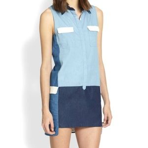 Line and Dot Colorblock Denim Shirt Dress
